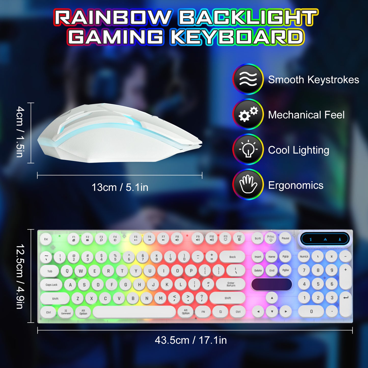 Gaming Keyboard and Mouse, Retro Punk LED Backlit Wired Computer Mouse and Keyboard Combo, for Game / Office, Windows Laptop PC (White)